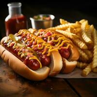 AI generated A close-up shot of a delicious hot dog covered in ketchup, mustard, and relish photo