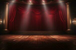 AI generated a cinematic stage with red curtains, lights, wood floors and spotlights photo