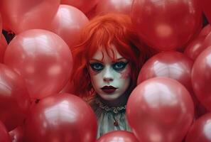 ai generado un payaso con pelo teñido rojo poses detrás globos foto