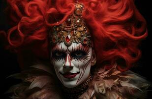 ai generado un payaso en maquillaje vistiendo rojo pelo foto