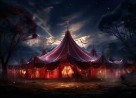 AI generated a circus tent at night with a red tent against white background photo