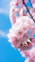 AI generated A close-up of a beautiful blossoming cherry tree, with delicate pink petals against a blue sky photo