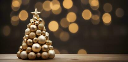 ai generado un Navidad árbol y oro pelotas en un de madera mesa foto