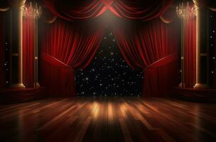 AI generated a cinematic stage with red curtains, lights, wood floors and spotlights photo