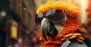 AI generated a colorful parrot with sunglasses on the street photo