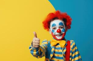 AI generated a child dressed in clown costume is making a thumb up sign on background photo