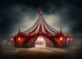 ai generado un circo tienda a noche con un rojo tienda en contra blanco antecedentes foto