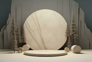 AI generated christmas stage backdrop indoors, round tree on stage with tree stumps in the middle photo