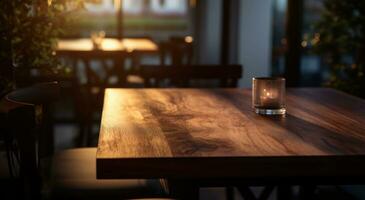 ai generado de madera mesa en restaurante o café con borroso Encendiendo foto