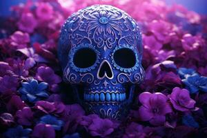 ai generado un azul día de el muerto cráneo cubierto en púrpura flores foto