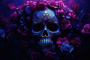 ai generado un azul día de el muerto cráneo cubierto en púrpura flores foto