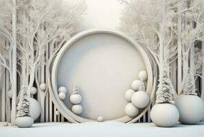 AI generated christmas stage backdrop indoors, round tree on stage with tree stumps in the middle photo