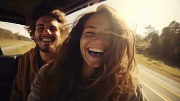 ai generado un joven Pareja en un auto, conducción abajo un escénico la carretera con sonrisas en su caras foto