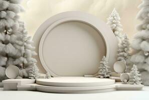 AI generated christmas stage backdrop indoors, round tree on stage with tree stumps in the middle photo
