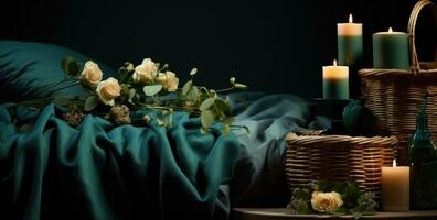 AI generated a bed with candles and basket on it photo