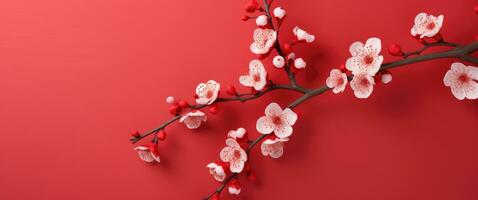 AI generated a branch of cherry blossoms on red background photo