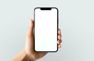 AI generated woman holding handphone with a white screen photo