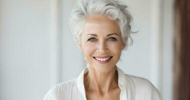 AI generated white haired older woman smiling at the camera photo