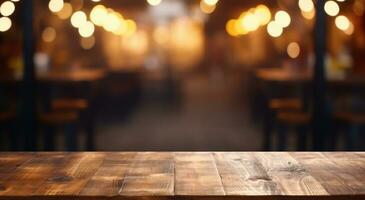 AI generated view from table in barrestaurant, restaurant on wood table in the background photo