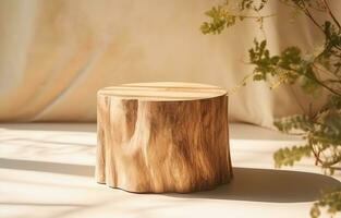 AI generated wooden log stool on light marble table photo