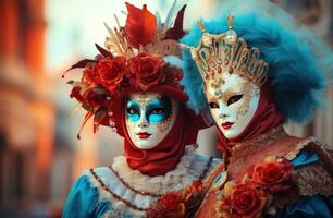 AI generated venetian costumers on a carnival photo