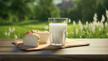 AI generated two glasses of milk and a loaf of bread on a wooden table with grassy surroundings photo