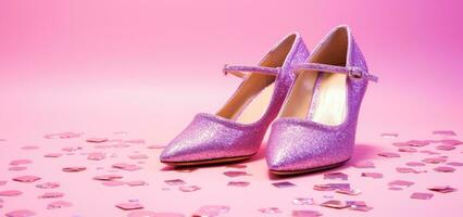 AI generated shoes on a pink background with sparking glitter photo