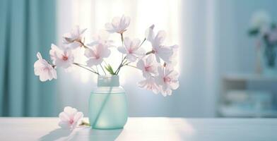 AI generated pink flowers in vase on desk of office photo