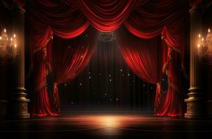 AI generated red curtains and a chandelier on a stage photo