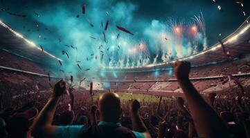 ai generado personas celebrando para el grande partido a Deportes estadio fútbol americano aficionados foto