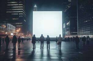 ai generado personas en pie alrededor un blanco caja a noche foto