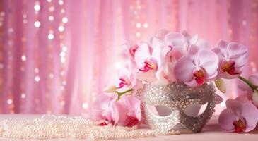 AI generated orchid mask in flower vase on pink background, pearls, and beads photo