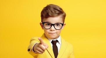 AI generated little boy wearing glasses points on a yellow background photo