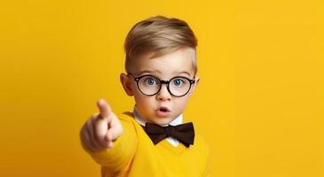 AI generated little boy wearing glasses points on a yellow background photo