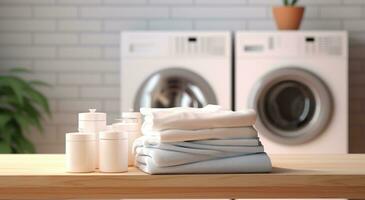 AI generated laundry stacks and towels on top of wooden kitchen counter with washing machine photo