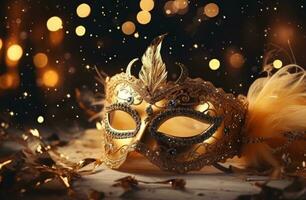 AI generated gold masquerade mask placed against the background of sparkling lights photo