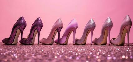 AI generated high heel shoes in a row on pink wallpaper photo