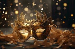 AI generated gold masquerade mask placed against the background of sparkling lights photo