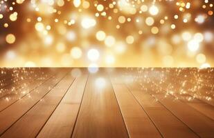AI generated golden background with white lights and wooden floor photo