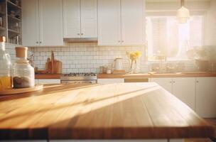 ai generado cocina conjunto con de madera encimera y café mesa foto