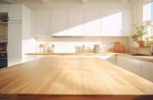 ai generado cocina conjunto con de madera encimera y café mesa foto