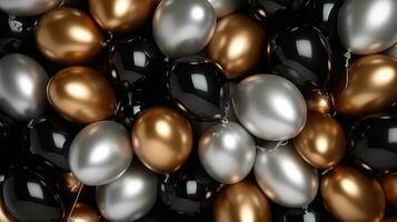 AI generated gold and silver balloons on black background photo