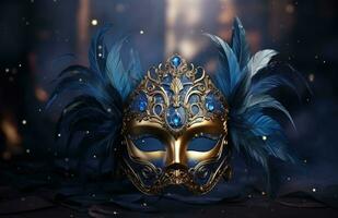 AI generated gold and blue mardi gras carnival mask photo