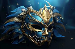 AI generated gold and blue mardi gras carnival mask photo