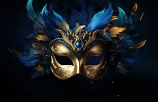 AI generated gold and blue mardi gras carnival mask photo