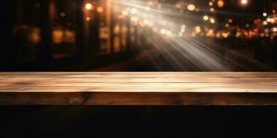 AI generated empty wooden wooden table in front of the black walls restaurant photo