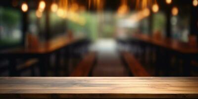 ai generado vacío de madera de madera mesa en frente de el negro paredes restaurante foto