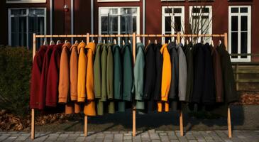 AI generated coats are lined up on a rack outside, photo