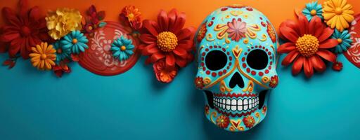 AI generated colorful sugar skull on a turquoise background photo