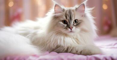 AI generated cute fluffy cat laying down and looking at the camera photo
